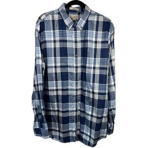 LL‎ BEAN L Large Tall Cotton Long Sleeve Blue Tan Button Down Plaid Shirt 253771